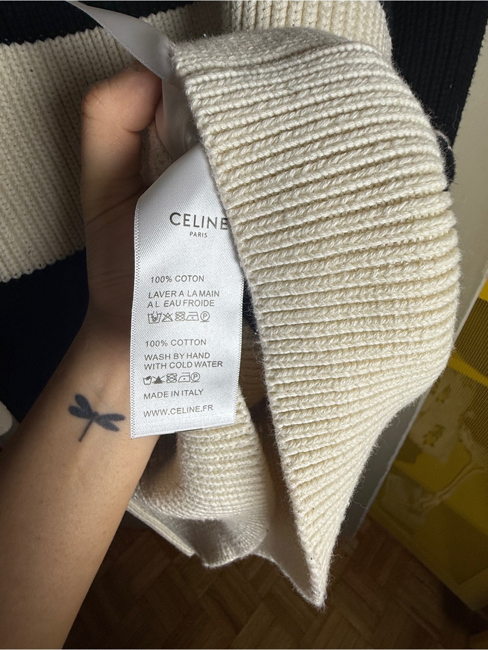 Celine Black and Cream Striped Logo Knit Sweater - Picture 3 of 5